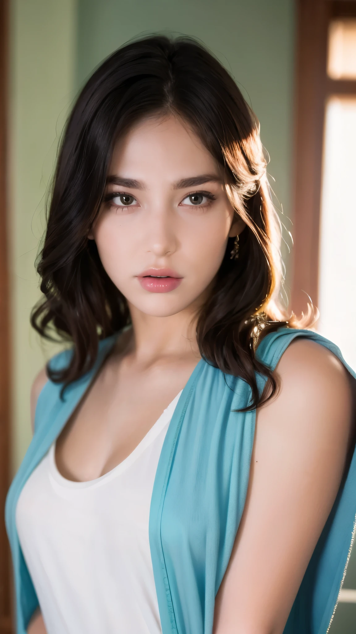 masterpiece, best quality, a beautiful woman with long shiny hair, choppy bangs, delicate face, passionate gaze, perfect smille, blush, seductive expression, tall and fit figure, perfect body, perfect skin, seductive pose, sexy Futuristic Technological Nanogel Clothing, the color scheme is primarily White with Green accents, heromkr2023, this character embodies a finely crafted sexy beauty, exquisite and mature art style, goddess, feminine, exquisite photography, depth of field, bokeh, photorealistic, even and soft lighting on face, dramatic, high definition, highres, ultra detailed, professional photo, perfect body proportions, anatomically correct, symmetrical face, extremely detailed eyes and face, perfect eyes, high quality eyes, creativity, RAW photo, UHD, 32k, portrait lighting, cinematic lighting, (masterpiece-anatomy-perfect:1.2)