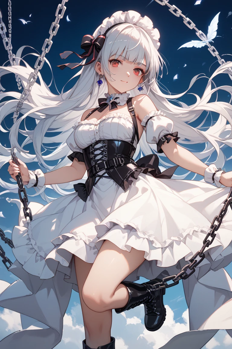 ((best quality)), ((masterpiece)), (detailed), 1girl, Character design, female, dynamic poses, long white grey hair, grey white eyes, very skinny, detailed, best quality, no accesoires around the neck, no shoes, prominent collarbones, skinny arms, flat stomach, visible hip bones, full body, blank white background, plain background, white background, red and white clothing, Bloodborne inspired, occult aesthetic, occult, detailed and intricate steampunk and detailed gothic, NSFW, Very dramatic and cinematic lighting, cosmic horror, grim-dark, side-lighting, perfect face, NSFW, Fluttering lace flared long knee length dress with frilly petticoats, knee length dress, pleated petticoats, petticoats gothic, complex lace boots, side-lighting, gothic aesthetic, wielding a mighty sword with mechanical components, mandalas, small breasts, a fairy, various different types of insect wings, NSFW, full body, whole body, body, plain background, white background, blank background, no background, white background NSFW, chains, full body, whole body, head-to-toe NSFW