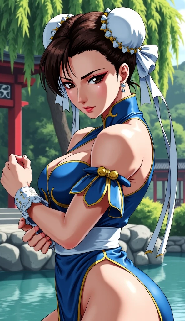 (cowboy shot:1.5), chest focus, best quality, masterpiece, 8k, highly detailed, (extremely detailed face:1.2), beautiful,
ayukawa madoka,painting \(medium\),  [:intricate details:0.2], moist skin, shiny skin, black long hair, floating hair, messy bangs, cyan eyes, narrow waist, (thin, huge breasts:1.5), retro artstyle, traditional media, watercolor \(medium\), 1980s \(style\),
shiranui mai \(cosplay\), hand on hip, serious, hand fan, happy, thighs, pelvic curtain, looking at viewer, (leaning forward:1.2), ponytail, sidelocks,
<lora:takada_akemi_offset:1>
<lora:more_details:0.7>
<lora:shiranui_mai_(cosplay)_v0.1:1>