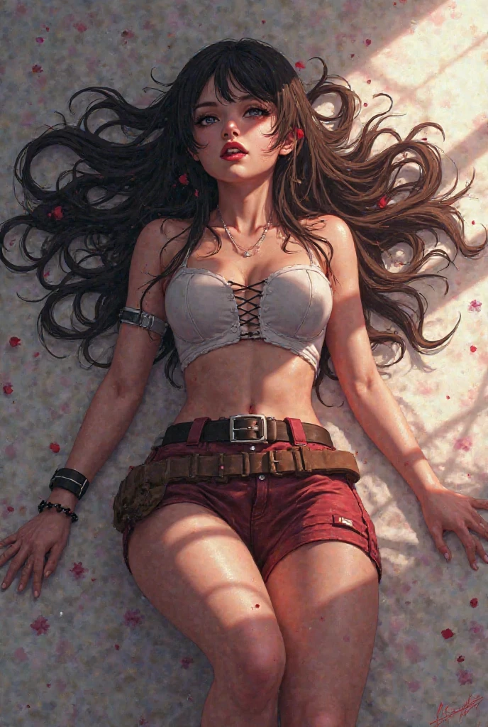 impoverished young woman, dressed in rags, through which her breasts can be seen, with disheveled and tangled hair, dirty skin, and torn and dirty clothes, exposd,