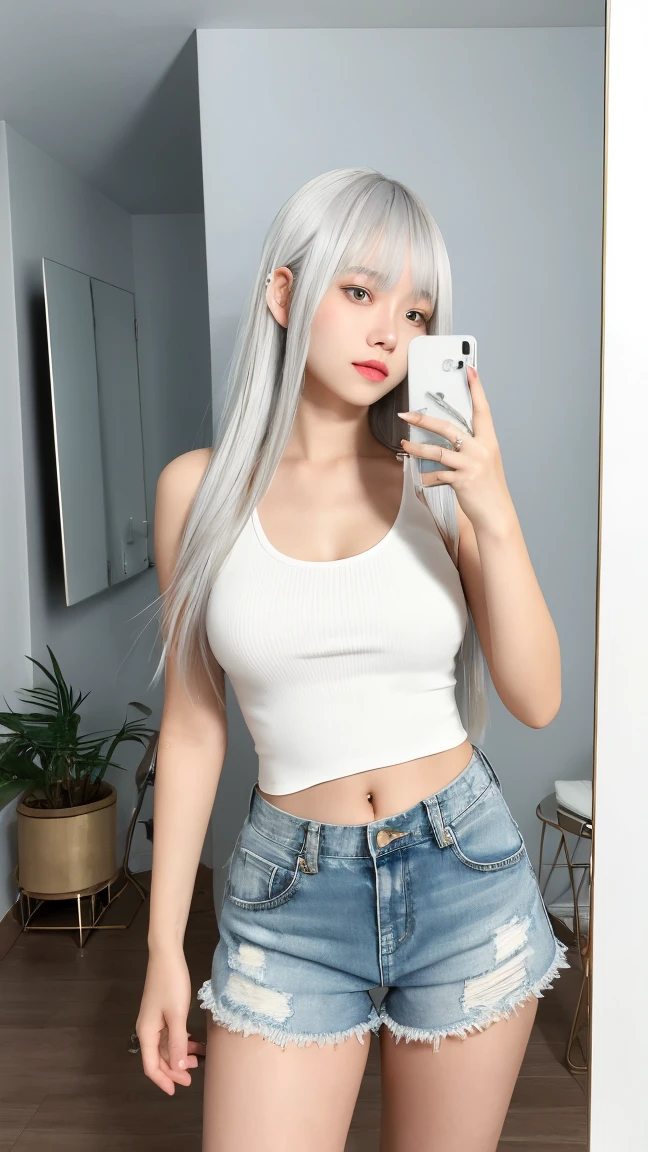 Best image quality、RAW Photos、超A high resolution、21 year old Korean、Small breasts、Small breasts、Dynamic Angle、Cowboy Shot、Chaos in its most beautiful form、elegant、Brutalist Design、Beautiful white hair、Vibrant colors、Short Bob、smile、fun、smile、Glowing White Skin、Beautiful eyes with random colors、Very thin lips、Beautiful eyes in every detail、length, Narrow eyes、Pale pink blush、length eyelashes、Beautiful double eyelids、eye shadow、Bright white hair、sofa、Large short-sleeved shirt、Transparent top、See-through、hot pants、Shooting from the side、Sleep on your back、Full Body Shot、Hand gestures