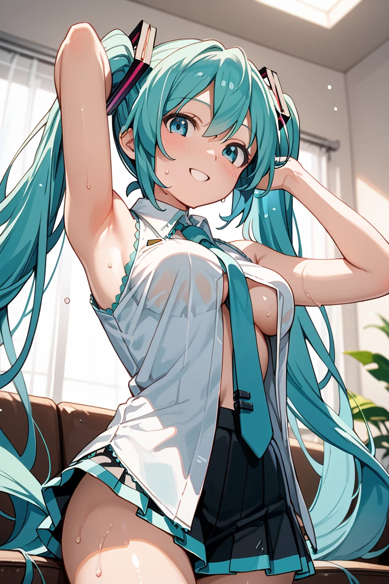 (Image from the chest up:1.2), ((masterpiece, sidelighting, finely detailed beautiful eyes: 1.2)), ultra-detailed, ultra high res, (live performance stage:1.2), (in the spotlight:1.2), professional lighting, high quality makeup, beautiful detailed eyes, sexy, beautiful, big eyes, drooping eye, (girl), (small breasts:1.2), blush cheek, blush body, moist eyes, Hatsune Miku, (mikudef:1.2), green hair, absurdly long hair, wavy hair, ahoge, twintails, (sleeve less shirt, green tie:1.4), Extremely cute, (extremely detailed beautiful face), Authentic skin texture, beautiful hair, beautiful face, beautiful eyes, beautiful body, beautiful hands, (happy smile), erect nipples, open mouth, sweat, (singing), (face focus, armpit focus:1.6)