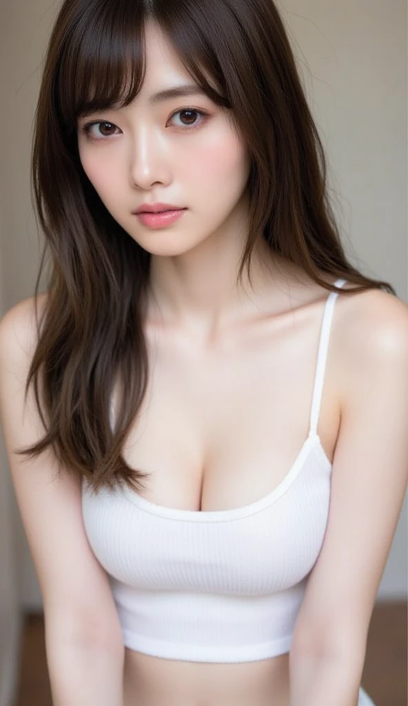 Beautiful white and shining skin、Chestnut-colored hair that changes with the light、Long bangs between the eyes that block vision、Cheek gloss highlighter、The most beautiful face in the world、Small Face Beauty、Golden Ratio、Full Body Shot、Beautiful woman、Ample breasts、thin、narrow、Please open your mouth a little、alone、sexy、Casual Business Wear、Great restaurant、table、night、