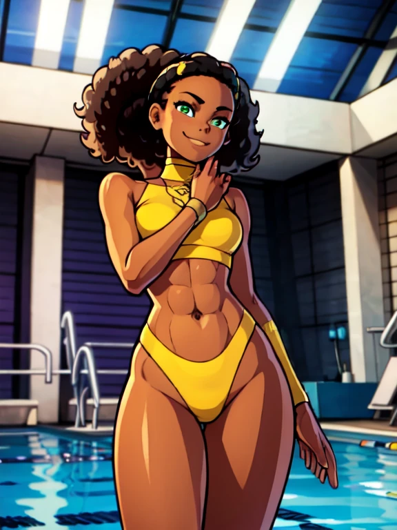 Really embarrassed tomboy thin hairly girl, with short gray curly hair, brown skin and glasses,Lingerie Torns off , full body, gymnastic poses