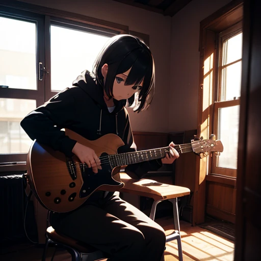 masterpiece, best quality, 1girl, a emo girl playing a eletrci guitar, guitar, sensual, music, instrumental , cute girl, cute, cozy, dramatic light, beautiful lights,4k, gorgeous, cinematic, sitting in the bed, bedroom, black hair, hoodie, artistic,sadgirl, style,stylish