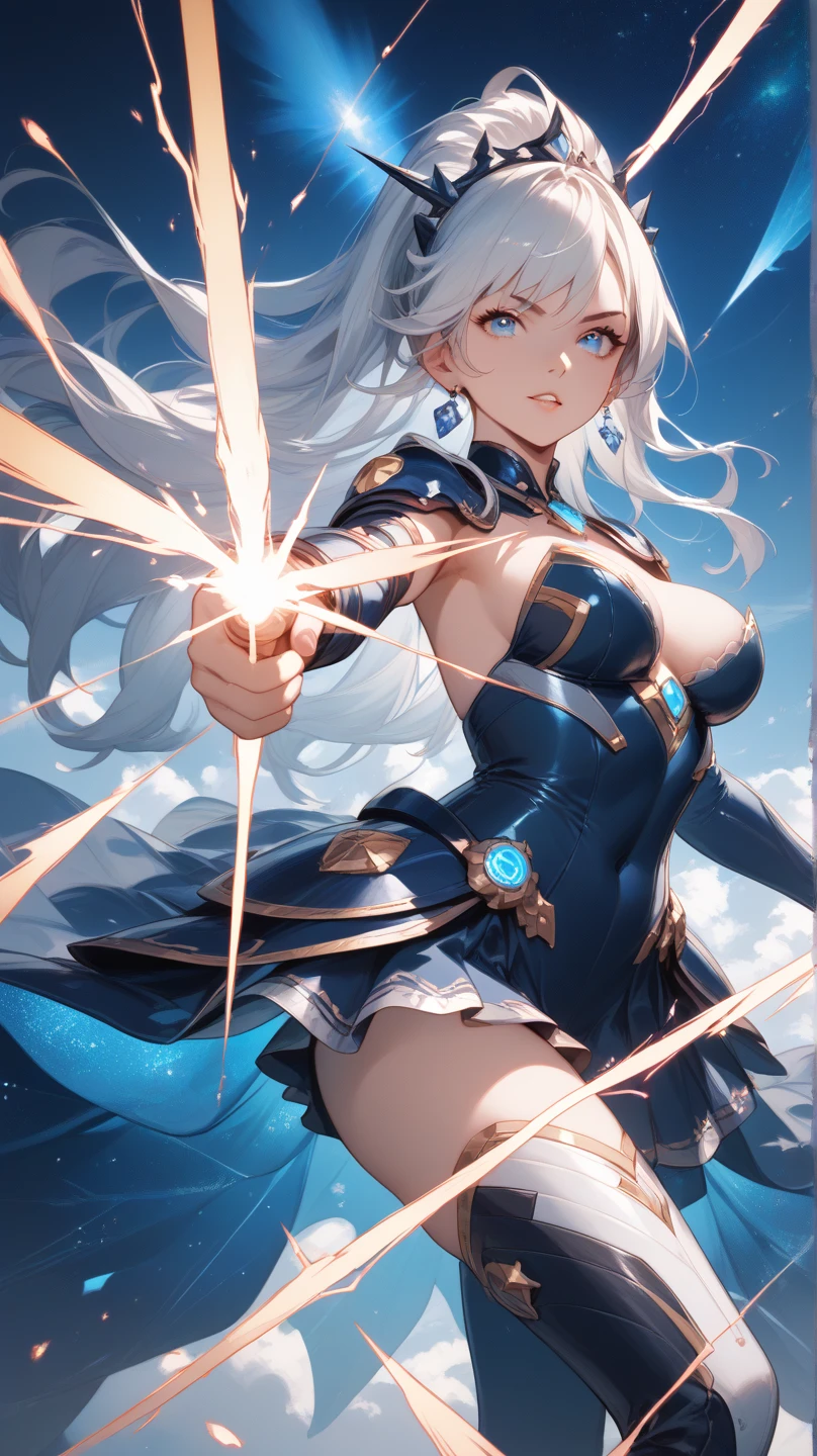 fantasy, 1angel_girl,, ,brown_hair, medium_bob_hair, long_bangs, halo,bare_shoulder,thighhighs,silver_armor, waist_armor, large_breasts,angry,grinning,open_mouth_teeth, 1pair_wings, dynamic_pose_fighting,floating, bare_crotch, headgear,gauntlet, greaves,city_sky_background,slightly_spread_legs, solo, groin_naked,dark_skin,