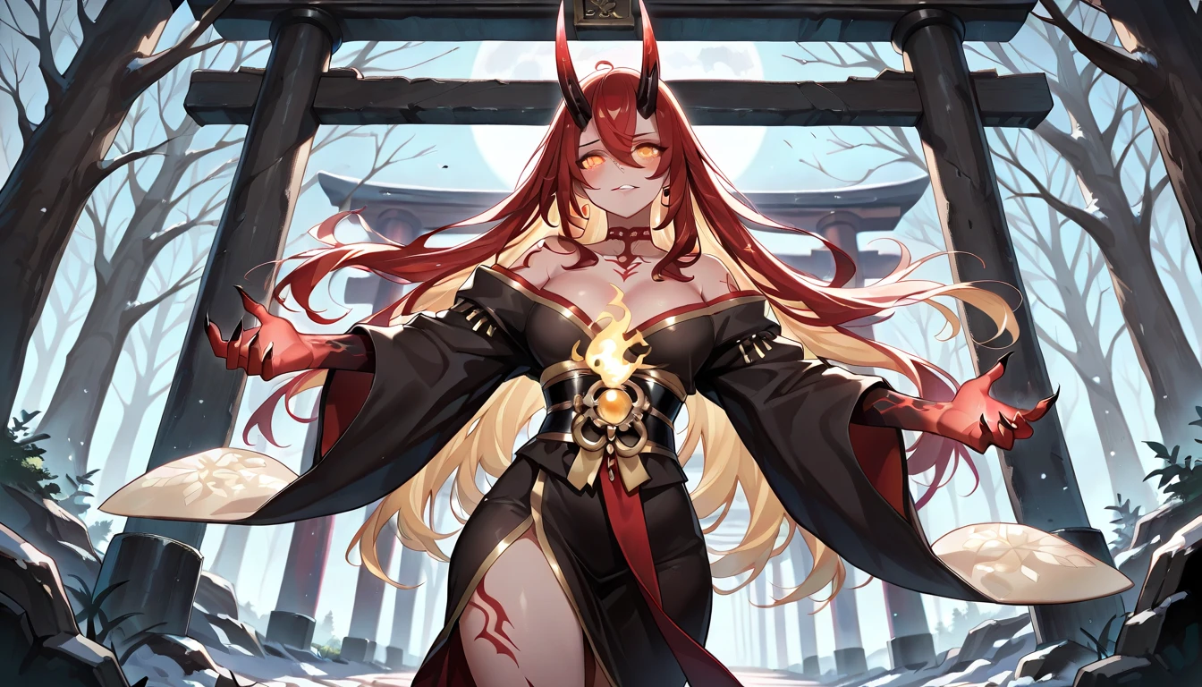 Anime style girl, dragon horns, long blue hair, red inner color, yellow and red odd eyes, large breasts, short stature, scaled body, sitting on a throne