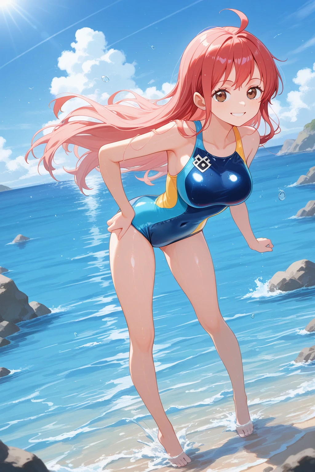 gal, solo, Flashy swimsuit, 比基尼, Ocean, Sunburned skin, bionde, ponytail, Shiny skin, Grin, Big Breasts, barefoot, Cleavage,