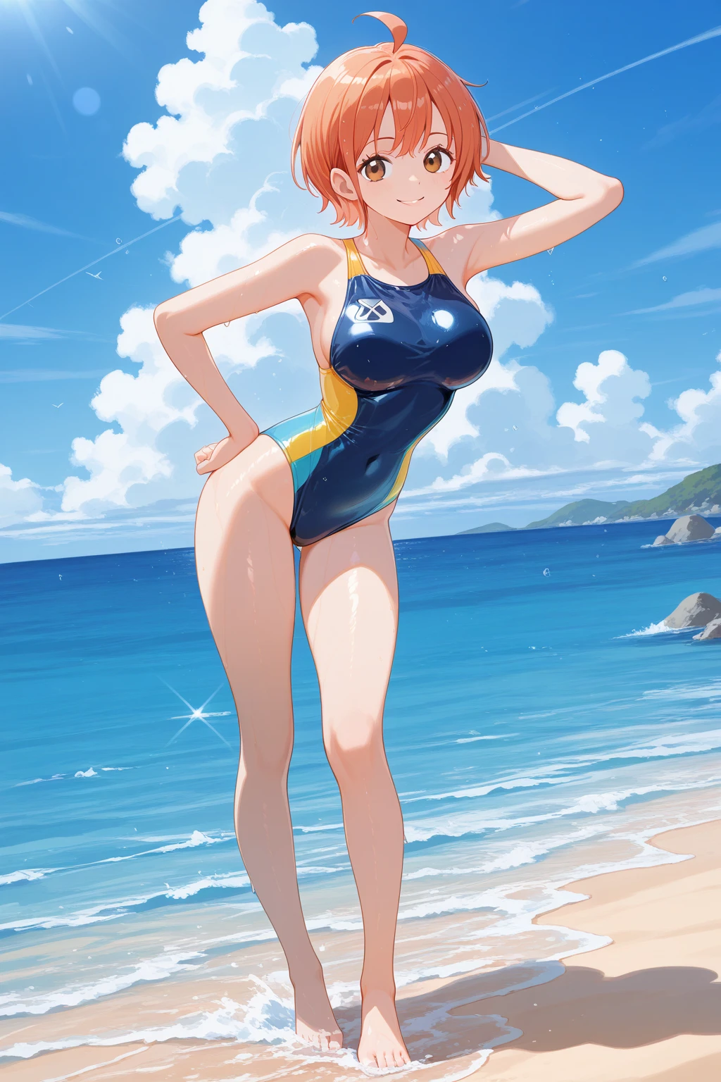 Nami, one piece, cheveux orange, gros seins, en maillot de bain, montre ses seins, rougit