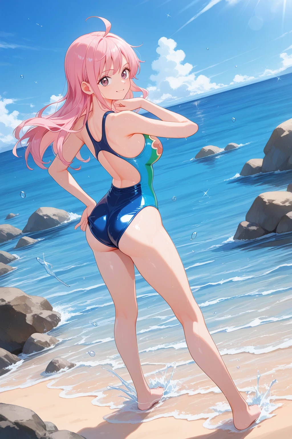 zero two, wet swimsuit, smiling face, beach background, random pose, best quality, water element increase, bubble effect, masterpieces, light make up, small red horn