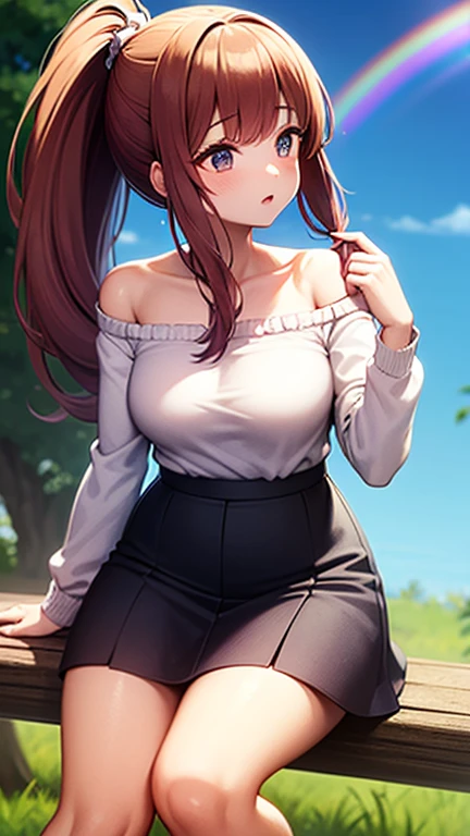 (masterpiece, best quality, ((Solo, 1girl)), Girl with Beanie and Sweater, Long legs, Huge Bosom, Sunset, Outdoor Scene
(masterpiece, best quality, (Solo, 1girl), Young Adult, Casually dressed, Beanie sitting low on forehead, Cozy sweater with texture and stitch details, Hourglass figure with generously proportioned breasts, Sunset backdrop with warm orange and pink tones, Outdoor setting with nature elements such as trees, grass, and a bench)