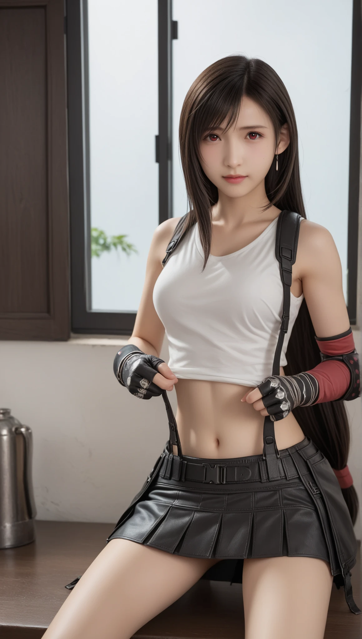 1girl, tifa lockhart, defTifa, red eyes, low-tied long hair, earrings, white crop top, suspenders, black miniskirt, pencil skirt, arm warmers, black elbow gloves, elbow pads, red gloves, red footwear, smiling
