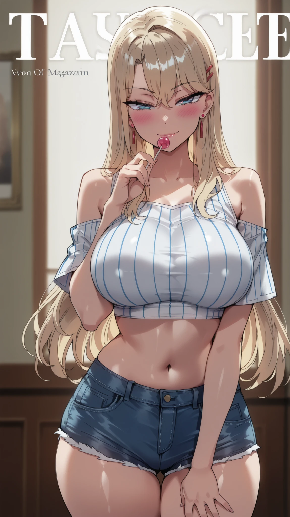 1 girl, reina kurashiki, blonde hair, big breasts, long hair, smiling, slight smile, blushing, looking at viewer, masterpiece, best quality, high quality, seductive smile, blue eyes, tight crop top, revealing the abdomen, white with light gray vertical stripes, bare shoulders, short sleeve style, navy blue denim shorts, sensual body, sensual pose, dynamic lighting, Ultra detailed, stunning visual cg, standing , all body, hair clip , (Magazine cover-style , magazine cover) , holding a lollipop