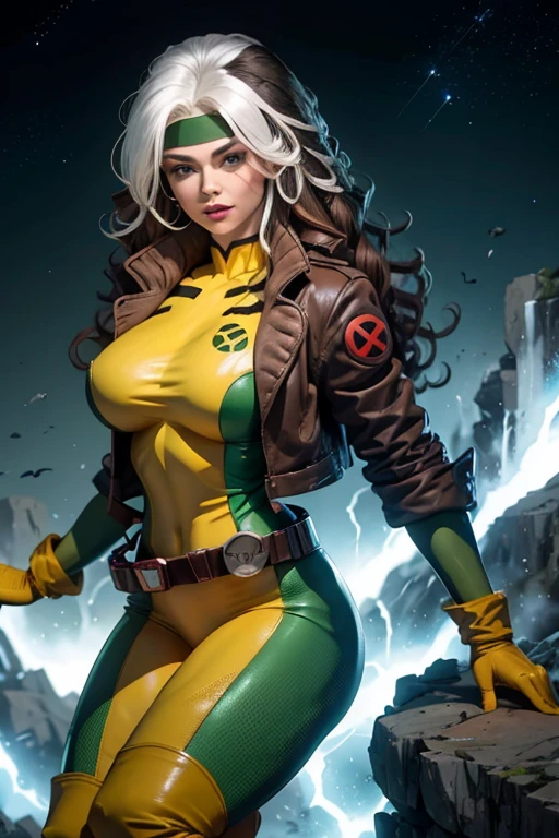Lea Michele、masterpiece, High-quality 4K, Villain (X-Men), Gothic Girl, Sculpted body gothic makeup, Brown jacket, Yellow and green bodysuit, masterpiece, highest quality, Cowboy Shot, One girl, alone, Technology Military Bodysuit, fringe.