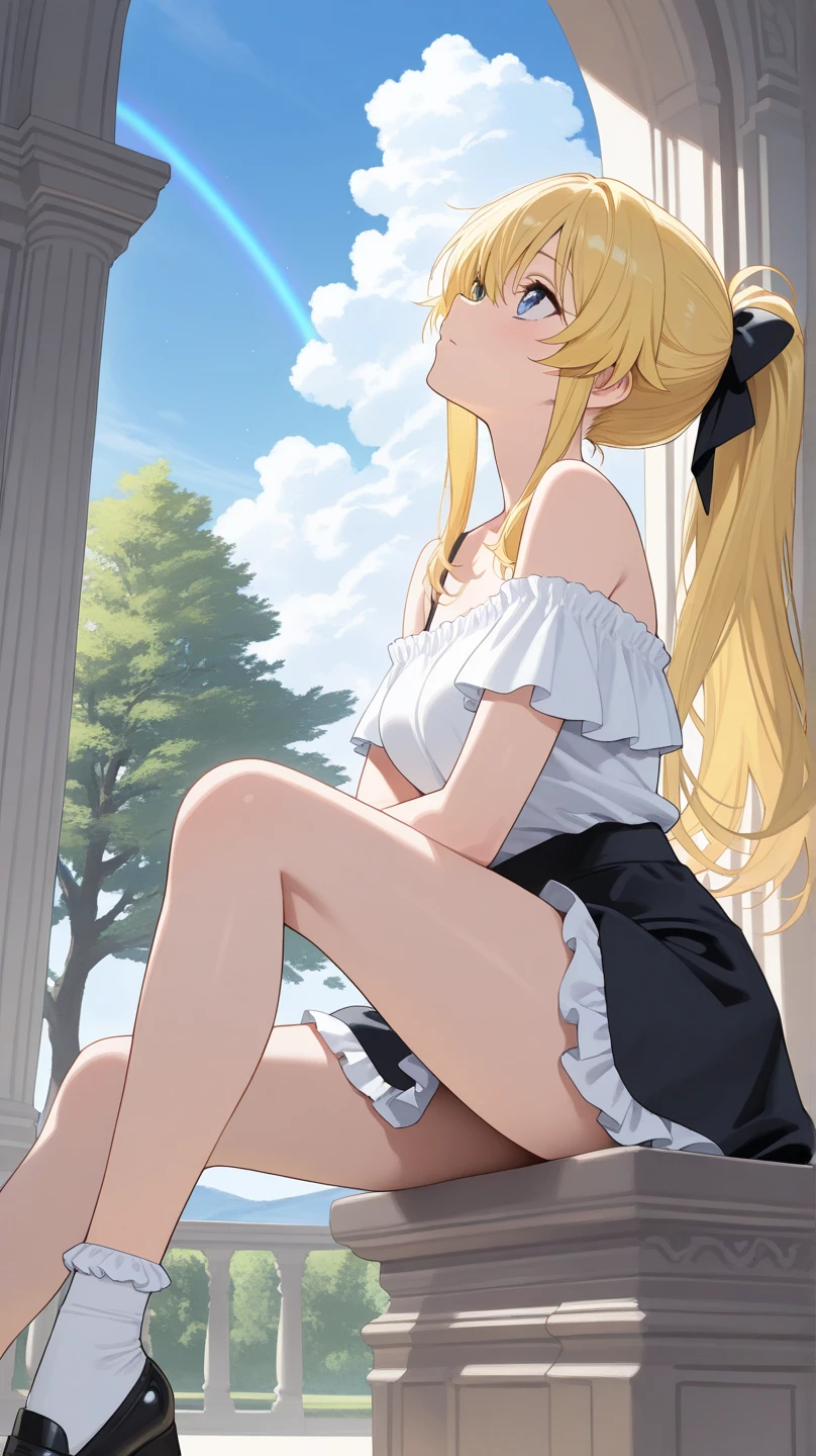 Masterpiece ,best quality , high resolution , (1 girl solo:1.38) , (mavis, long hair, blonde hair, (green eyes:1.5), ahoge, wavy hair, animal ears,) , (cleavage:1.2) , (medium breast:1.28) , (wear  stockings , panties , strong wind , big wing , skirt lift ) , (cleavage:1.15) , (big breast:1.1) , (face view , look at view , from behind , back view , head back ,smile , open mouth) , (white dress , miniskirt , knot bow skirt  , head tilt ) ,  (outdoor  , garden , church , flower ，Strong winds，gale)