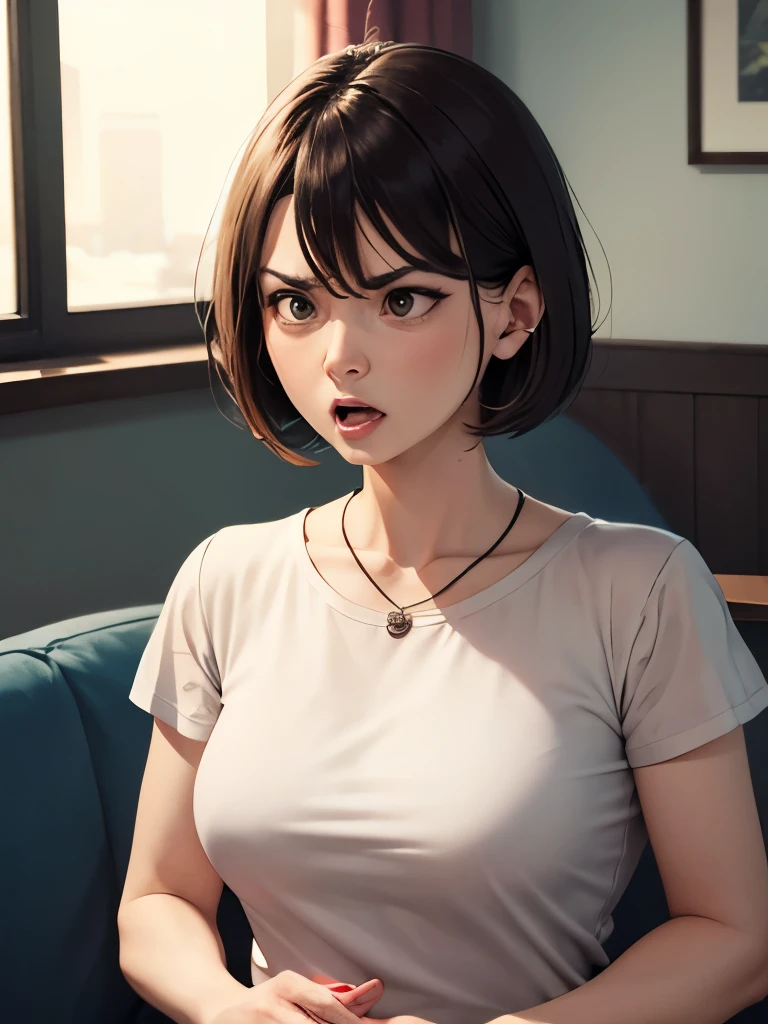 (masterpiece, best quality:1.2), noodle (gorillaz), black hair, 1girl, black eyes, bangs, parted lips, breasts, small breasts, bob cut, absurdres, highres, 4k, ray tracing, perfect face, perfect eyes, intricate details, highly detailed, top-quality, (masterpiece:1.2, best quality), 1girl, smirk, slim, slender, sharp eyes, small_breasts, flat_chest, leaning forward, facing viewer, from below, white shirt, black pants, areola slip, down blouse, embarrassed, ^ ^, office
