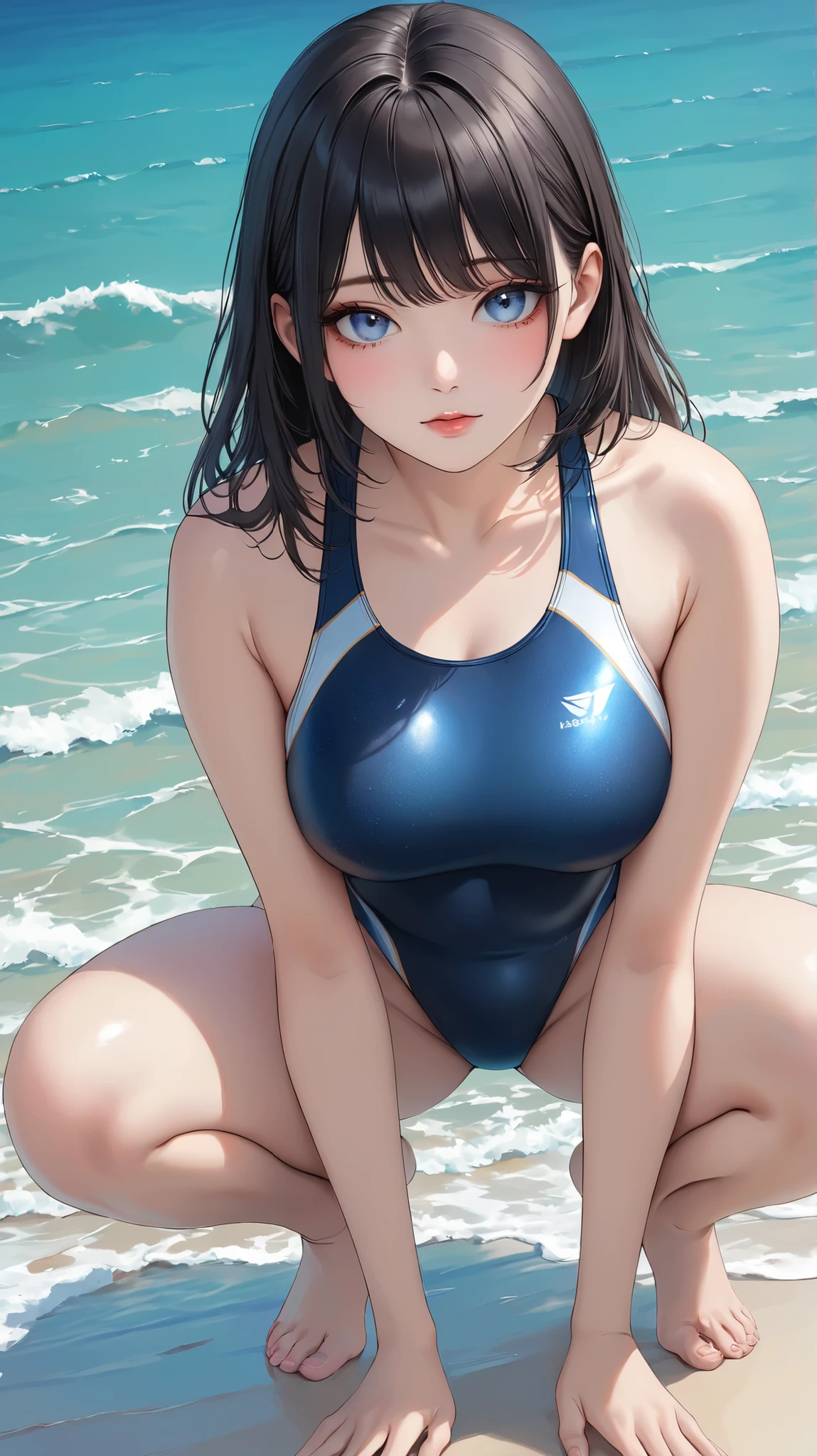 (((high resolution)))、(((masterpiece)))、Japanese beautiful girl、40 years old, detailed face, detailed eyes, perfect face、cute face, (((simple swimsuit))), all body, a little chuby, cool girl