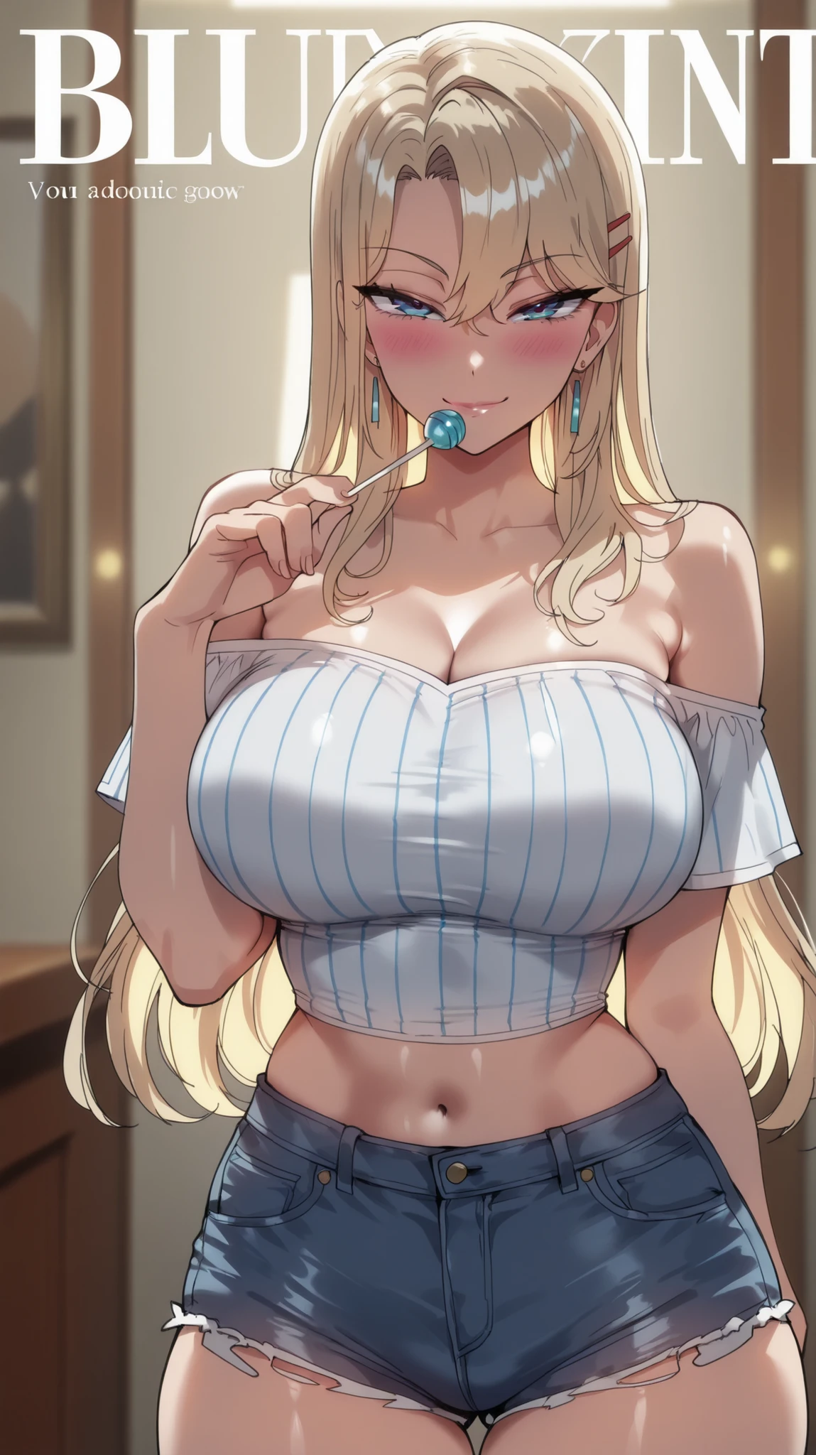 1 girl, reina kurashiki, blonde hair, big breasts, long hair, smiling, slight smile, blushing, looking at viewer, masterpiece, best quality, high quality, seductive smile, blue eyes, tight crop top, revealing the abdomen, white with light gray vertical stripes, bare shoulders, short sleeve style, navy blue denim shorts, sensual body, sensual pose, dynamic lighting, Ultra detailed, stunning visual cg, standing , all body, hair clip , (Magazine cover-style , magazine cover) , holding a lollipop, hand on waist