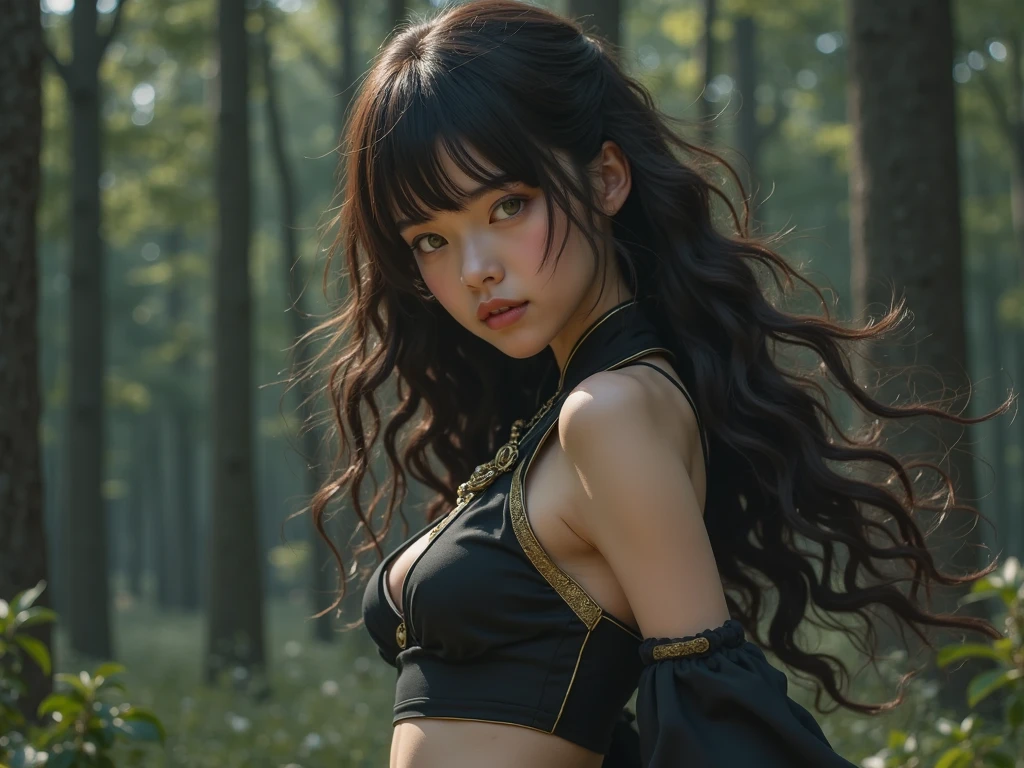 Hanabi hyuga A woman standing in the hills. He's wearing an open black croptop. He also wore a kimono on the croptop's strip. The kimono was brown. She had long brown hair. His skin is so white. Her breasts look so big and round. His eyes gazed intently at the camera. She looks really pretty and realistic