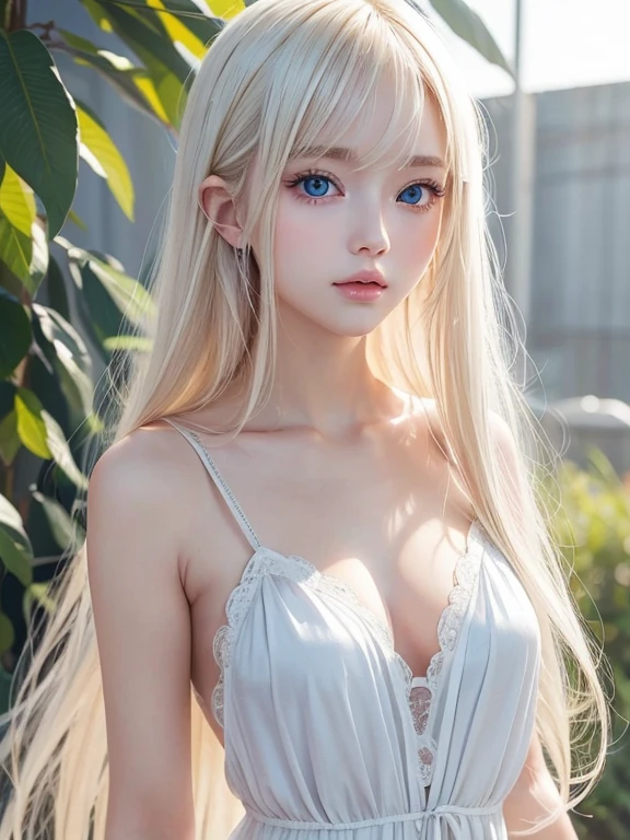 a beautiful young woman with long flowing hair,violet eyes,delicate facial features,serene expression,wearing a flowing white dress,in a lush garden setting,golden hour lighting,