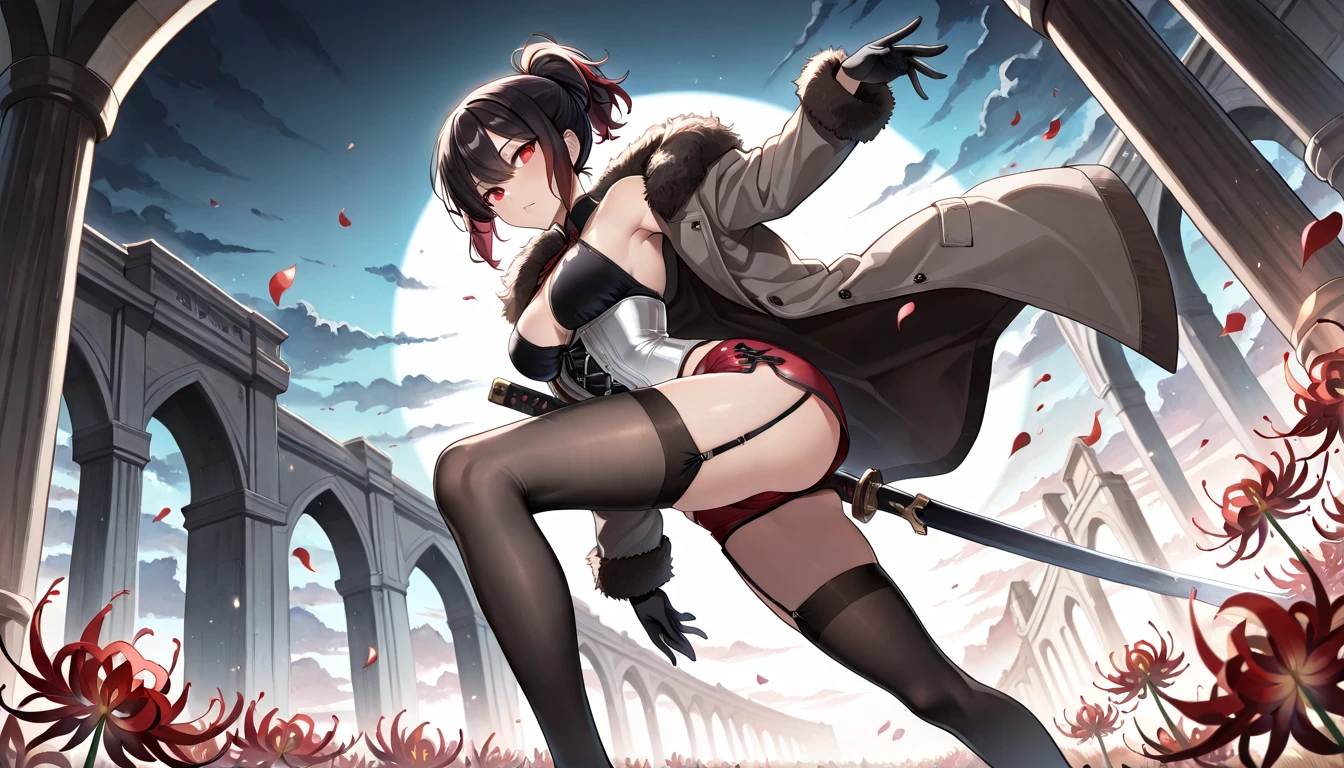 sweetlip, black outfit, navel, white thighhighs, gloves, multiple girls, 6+girls, perfect anatomy, masterpiece, best quality, highres, big breast, :o, screaming, battlefield, scenery, closed eyes, tottering, falling, torn clothes, exposed (white underwear:1.2), headback, air raid, aerial bombardment