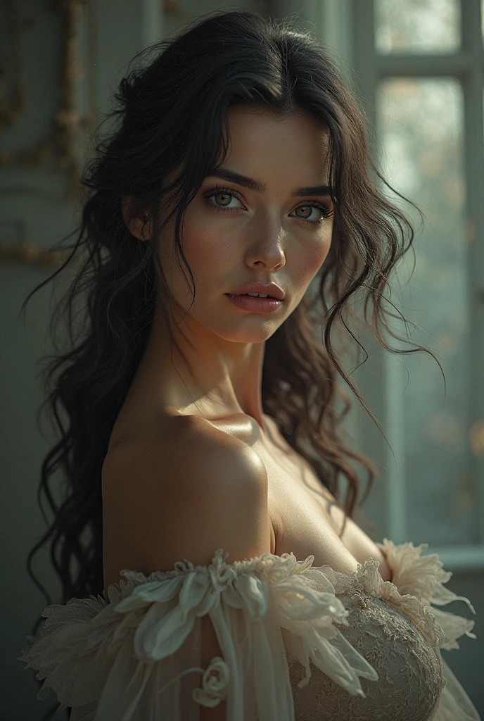 Beautiful woman Her knees Breast off the shoulder, revealing clothes with long brunette, hair, brown eyes dressed in a maid outfit