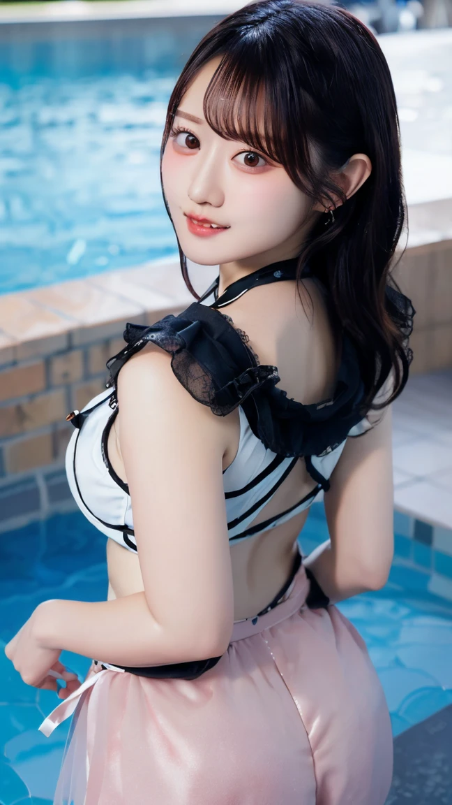 perfect shape beautiful woman：1.4，layered hairstyle，Protruding cleavage，Pink 2D set：1.5，Highly detailed faces and skin，Double eyelids，Make your skin whiter.，long white hair，Playing in the water，shirt collar