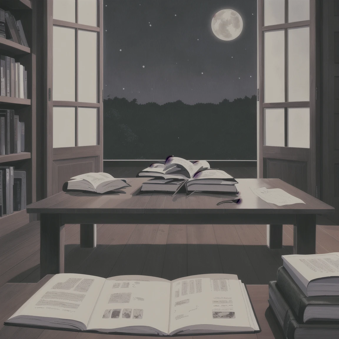 1girl sitting her desk, studying in her room, ,at night, doing homework, a studyroom with a window, moon in the background, raining, soft light,