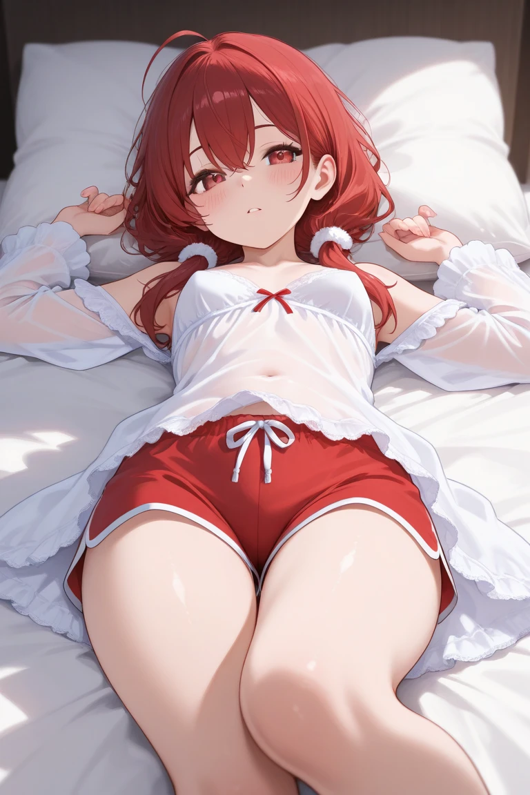 ,shrine maiden clothes,open shirts,lying, legs apart