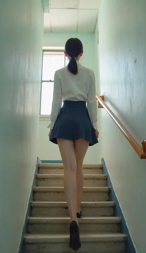 Highest quality,8k,High resolution,Beauty like an actress,high school student,Black Hair,With bangs、Big Breasts,Side Ponytail、Lifting his feet and climbing the stairs、((Low - Angle:1.2))、((Back view))、Very short skirt、