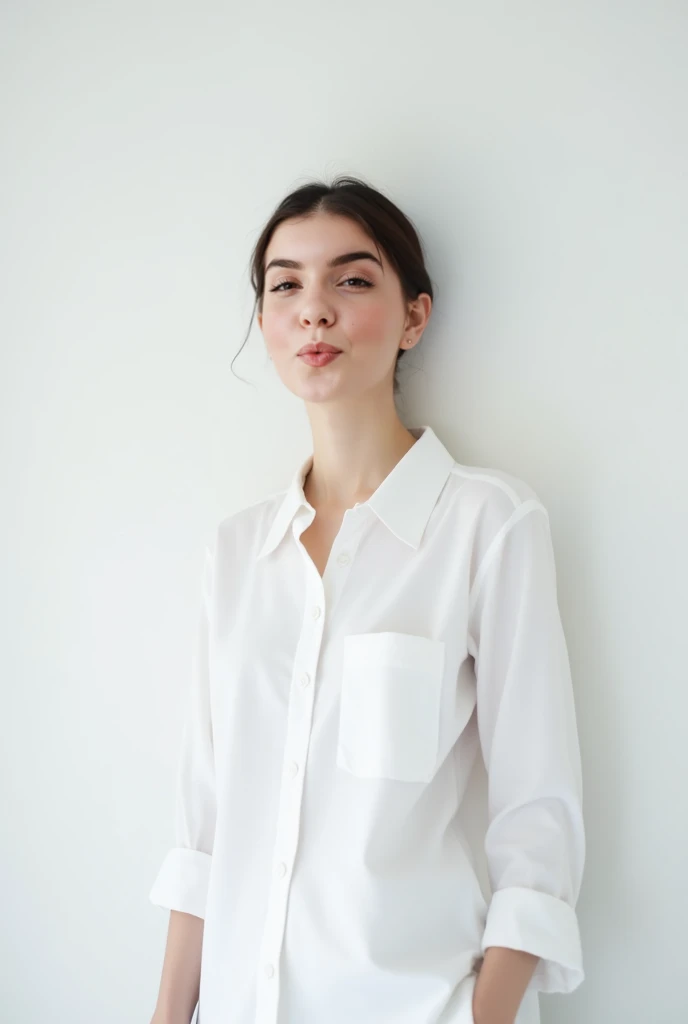 portrait, 20yo brunette german girl, sultry flirty look, wearing a white shirt, messy bun, 8k, best quality, masterpiece, (looking into camera:1.3), photograph, (beautiful)