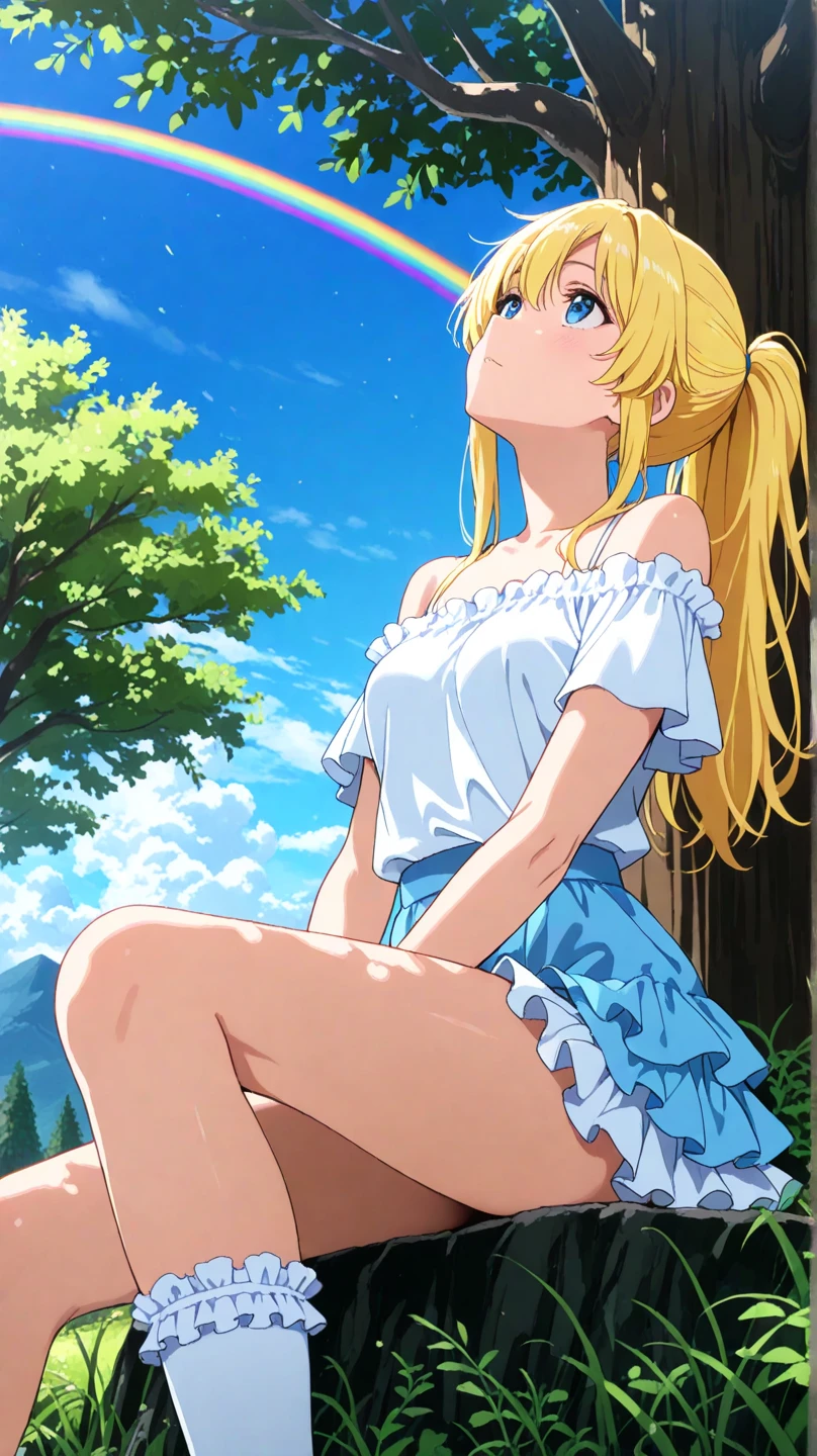 Big Breasts,blue sky,Blonde,Completely naked,Beige skin,Black socks,An anime character sitting on the ground with his head bowed, By Kentaro Miura,, Looking into the distance, The wind is blowing、Hair fluttering, smile,Ishida Sui Art Manga, Hair blowing in the wind, Beautiful anime outline, far!!, Pin on anime