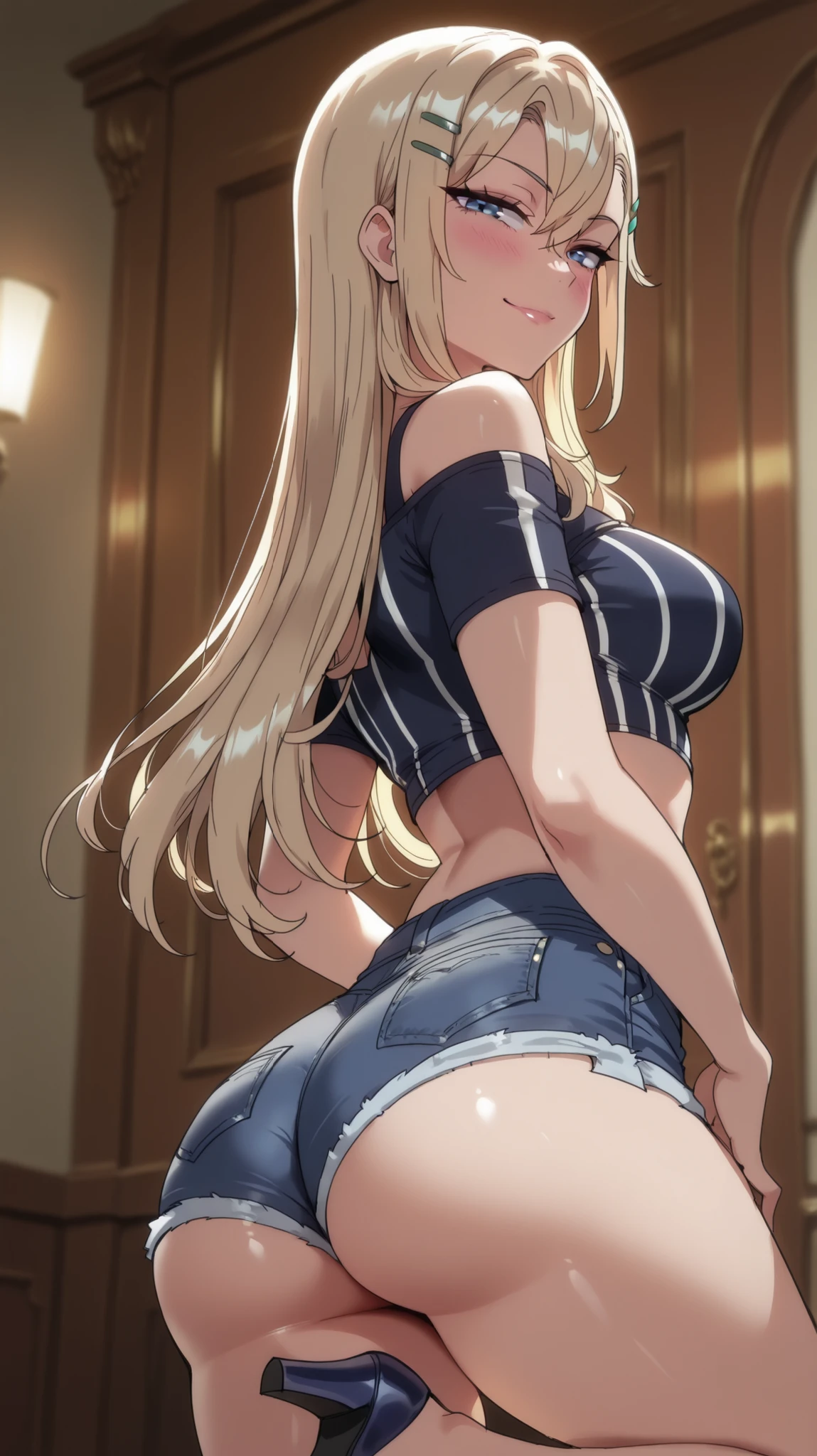 1 girl, reina kurashiki, blonde hair, long hair, smiling, slight smile blushing, looking at viewer, masterpiece, best quality, high quality, seductive smile, blue eyes, tight crop top, revealing the abdomen, white with light gray vertical stripes, bare shoulders, short sleeve style, navy blue denim shorts, sensual body, sensual pose, dynamic lighting, Ultra detailed, stunning visual cg, standing , all body, hair clip , high heels, ass, low angle,