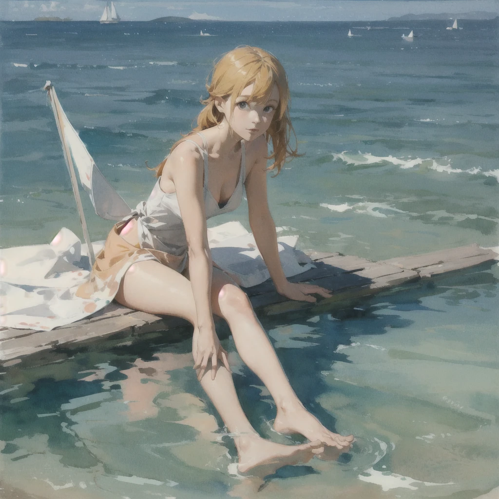 Tranquil voyager girl, in watercolor style, Photorealism, discreet pink and mint shades, barefoot, blonde hair, very beautiful exquisite face