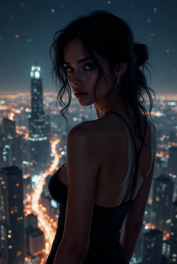 ((Fisheye)) ((high angle shot))One ultra hot gorgeous European woman. Age 23.Instagram model. RAW, beautiful woman, (extra long wavy brown hair), ((detailed face:1.2)), ((detailed facial features)), (finely detailed skin), (high detailed deep cleavage cyberpunk ((steel)) dress), cyberpunk snowy megacity environment at night, (cold colors), damp, moist, reflection masterpiece) (perfect proportion)(realistic photo)(best quality) (detailed) photographed on a Canon EOS R5, 50mm lens, F/2.8, HDR, (8k) (wallpaper) (cinematic lighting) (dramatic lighting) (sharp focus) (intricate)