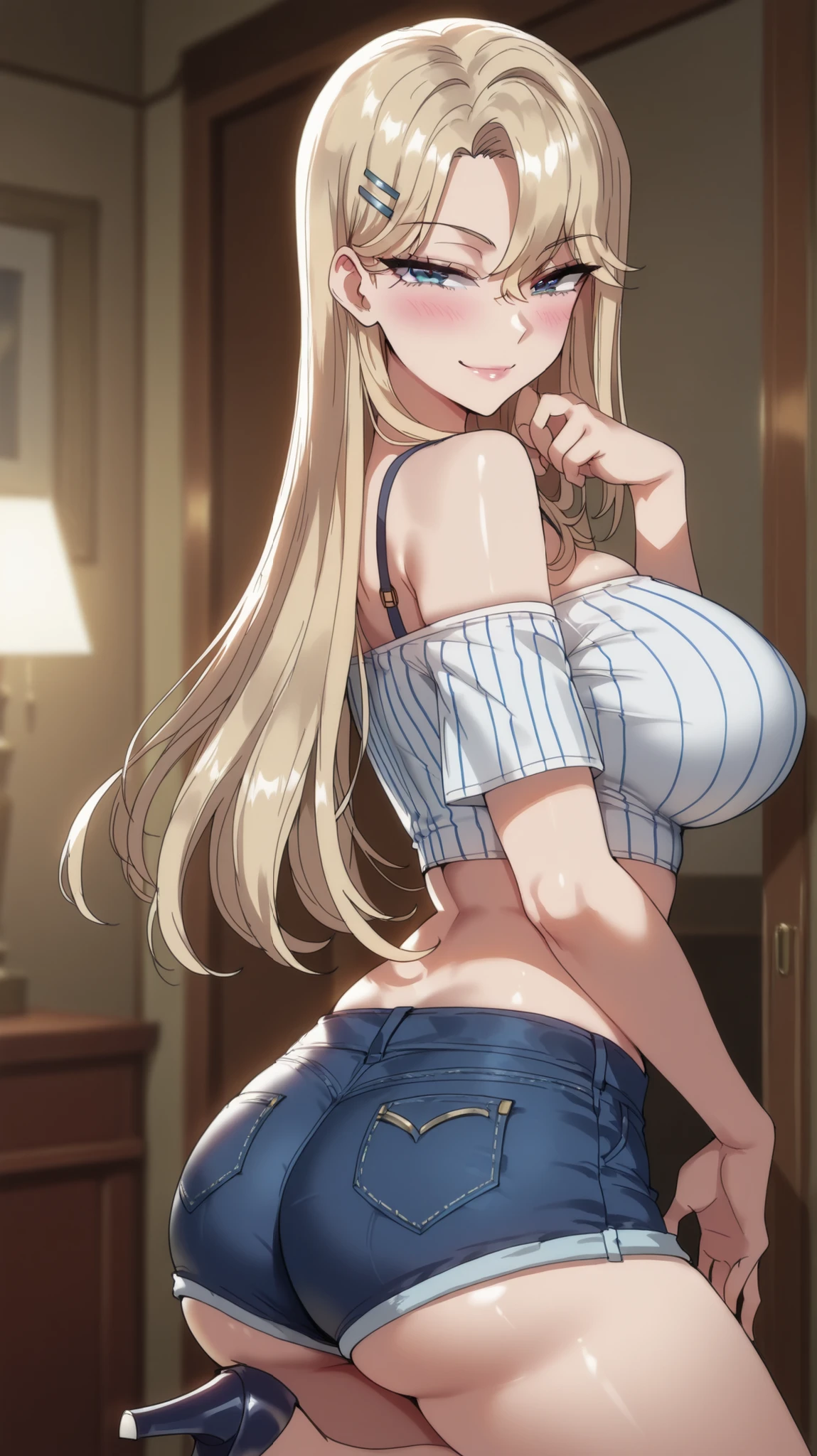 (high quality,Very detailed:1.37, High resolution), Woman, Serval Landau, jeans, large breasts, wetting herself, (standing:1.5), embarrassed, humiliation, (sweating:1.5), (blushing:1.5), Meticulous details, (extremely detailed eyes:1.37)