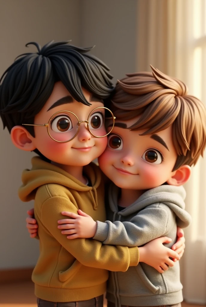 Two childs, standing together, watching each other happily, one childs hand is on the head of the another child, both are boys and same hieght house in the background real photo