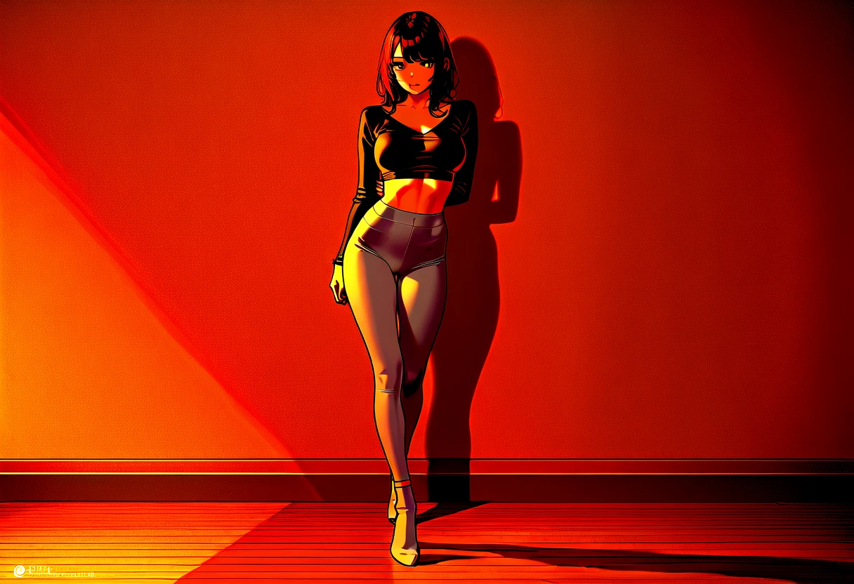 Masterpiece, Yuji Shinkawa, great Japanese master anime works, Japanese manga master works, black and white manga, grayscale, realistic night scene, a girl standing in the dark night in a fashion costume, , slim body, big, long legs,  slender legs, movie lighting, light and shadow tracking, movie composition, full body standing, HD picture quality