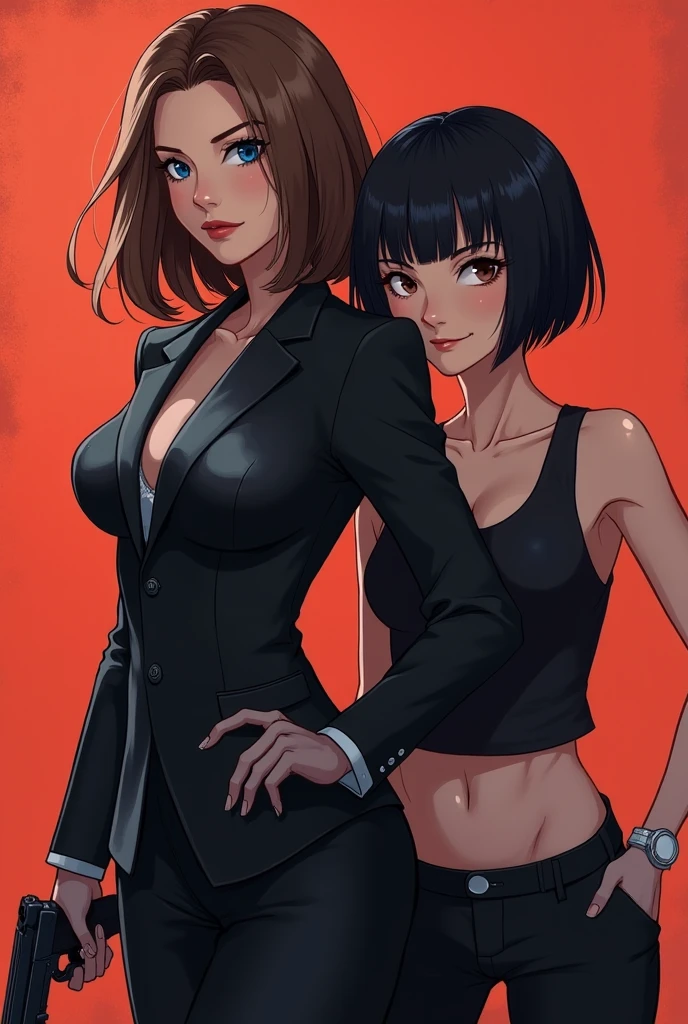 2girls, woman in red dress, woman in business suit with cleavage, lesbian