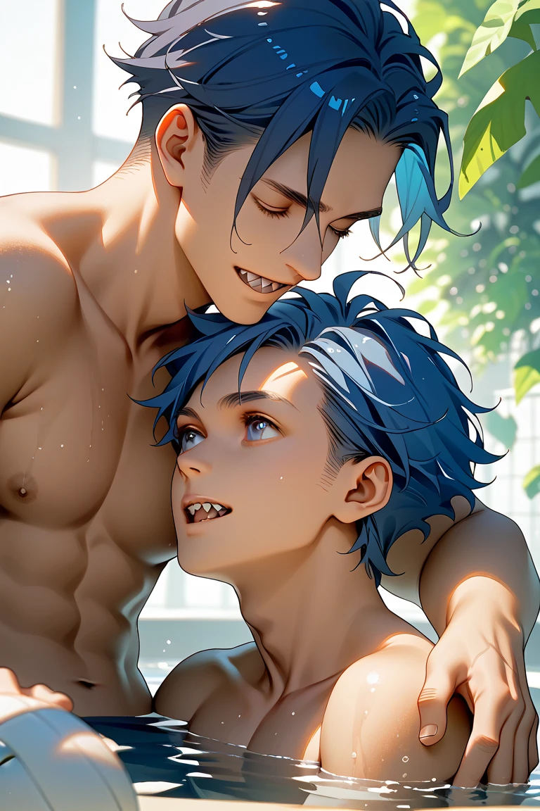 hot onsen,musculature,Macho man,blue hair, Red eyes,big breasts exposed cleavage,,chest muscle,Abs,,There are falling petals on the surface of the water,The expression is beautiful,time,moisty,Be red in the face,whiteskin,schoolboy,male