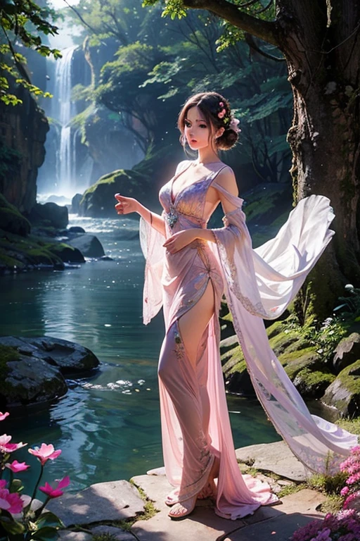 1girl, solo, full body, (masterpiece:1.21), (best quality:1.2), colorful, (illustration:1.2), (cinematic lighting:1.1), (bare shoulders:1.21), (collarbone:1.21) in this whimsical A beautiful and dreamlike garden, the scene is illuminated by a rainbow (colorful fireflies) dancing in the air. Pastel (drizzle) adorns the garden, creating a hazy and ethereal atmosphere. In the center of the picture, stands a single girl, an extremely beautiful girl, with lovely facial features and an innocent expression. Her long hair fluttered in the wind. She wore a low-cut strapless dress that accentuated her curves. The lighting is very delicate and beautiful, creating a soft warm glow that accentuates the water and makes it sparkle like a diamond. The finest grasses are also illuminated to create a lush carpet. The garden is surrounded by colorful flower fields with flowers of all colors and shapes. Various colors and sizes (coloured butterflies) can be seen flying around the scene, adding to the overall sense of wonder and magic. (Everyone, judges), a blush can be seen on the bridge of the nose, and the mouth is slightly opened, which adds to the overall sense of innocence and youth. Falling petals can be seen waving around her, adding to the overall sense of romance and beauty. The breeze is blowing, the leaves are rustling, and the flowers are swaying, adding to the overall dynamism and vitality. It is a scene of pure wonder and magic, full of color and beauty, where the viewer can lose themselves in this enchanting and captivating world.