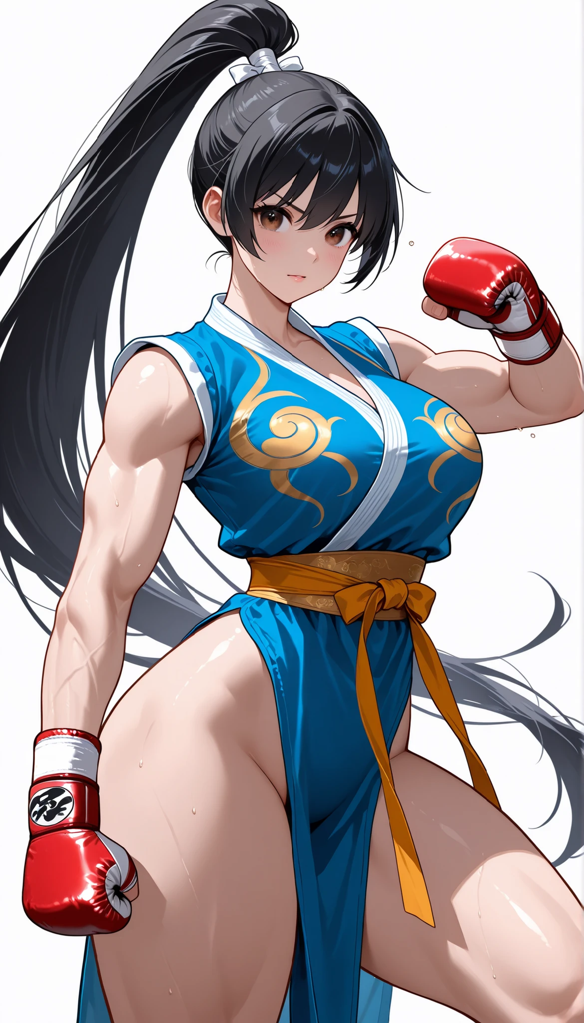Hanfu、martial artist、Boxing、black hair、long ponytail、maturity、thighs、China、traditional martial arts、Master、Chunli（Street Fighter） cosplay