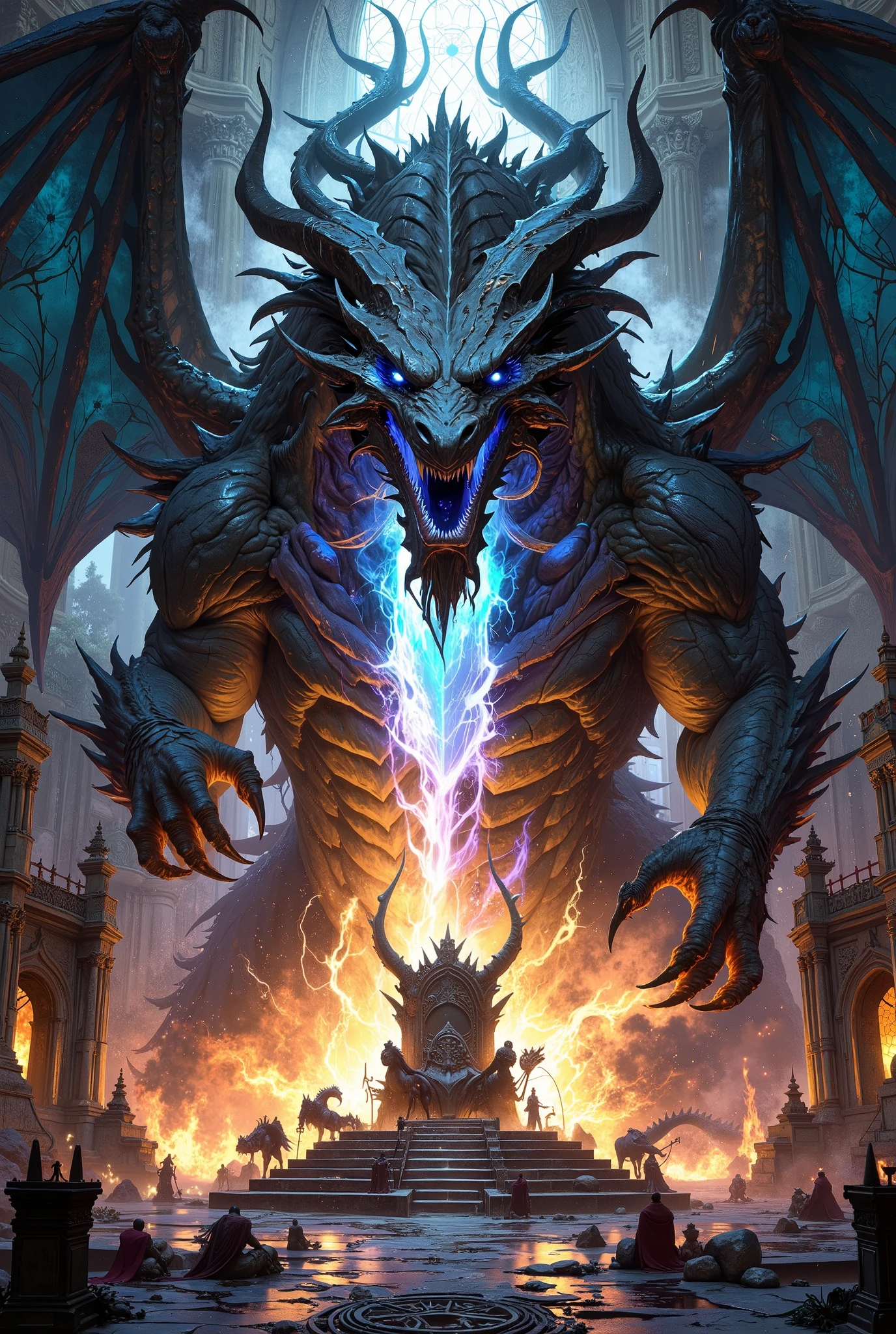 RPG, 4K, 8K, Unreal Engine,
black dragon king in his majestic throne room looking at the screen.