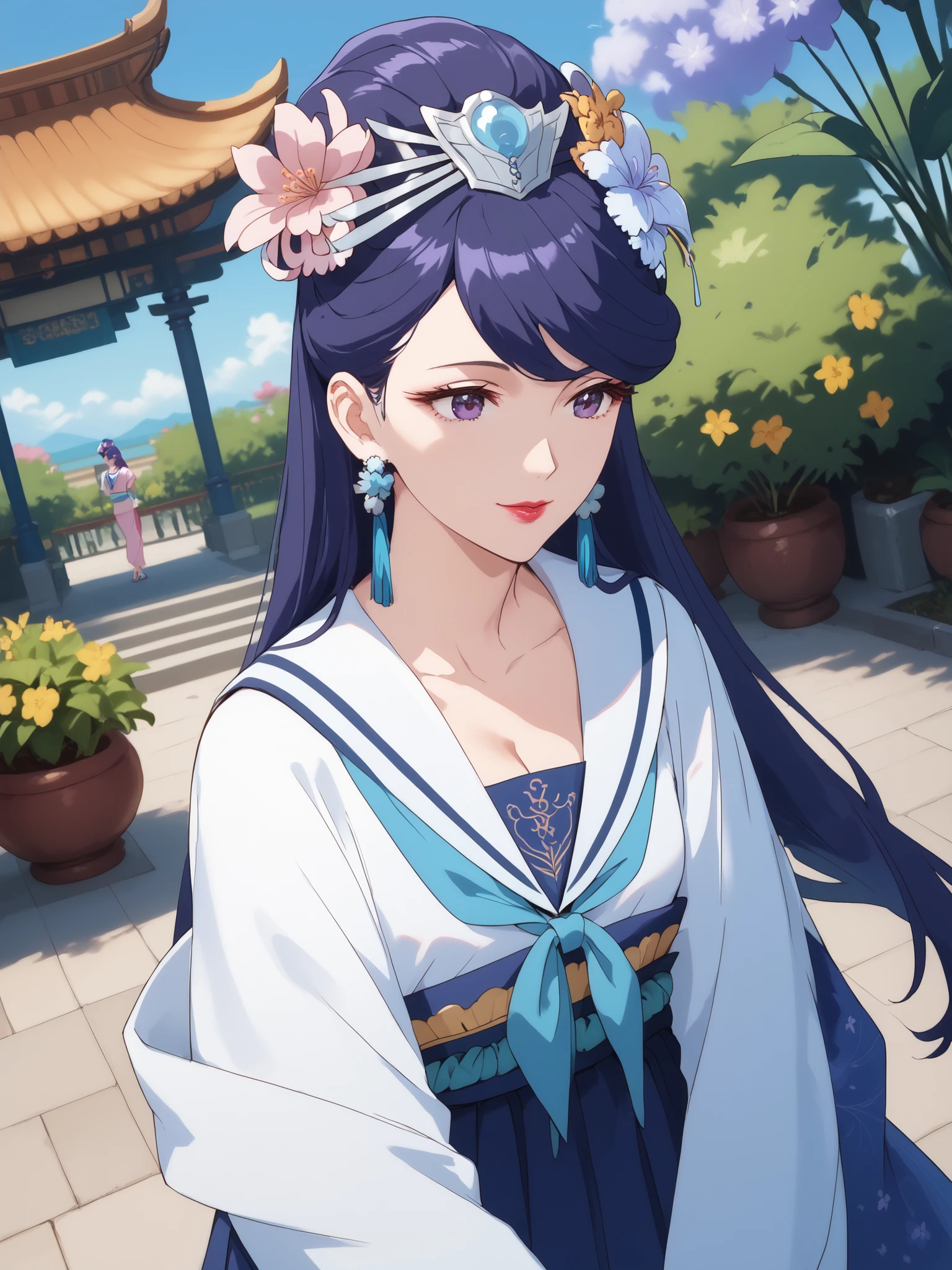 best quality, masterpiece,(watching viewers),,Pear Blossom,Apothecary,((Sailor Suit,))long hair, purple eyes, purple hair, flower, earrings, hair flower, make up, lipstick,Chest, jewelry, Outdoors, harem,garden, smile, Dutch Angle, cowboy shot