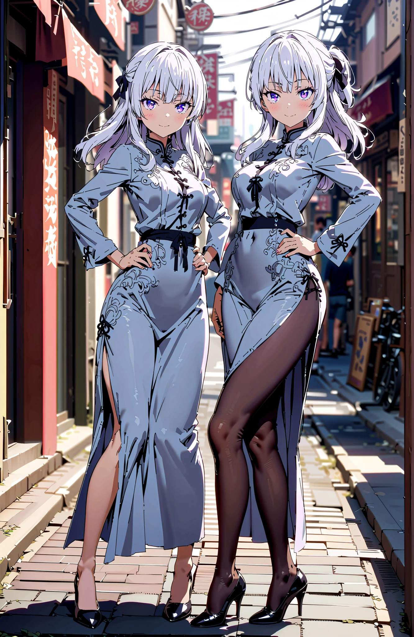 score_9, score_8_up, score_7_up, source_anime,
Alice Sakayanagi ,
Sakayanagi Alice, long hair, bungs, PURPLE EYES, white hair, blunt bungs,White Chinese clothing,long slit,black pantyhose,pin heels,standing,Grab your hips with your right hand,smile,blush,mouth,full bodyがイラストに入るように,in their 40s looking at viewer,full body,
in their 40s outdoors,Chinatown,
in their 40s (masterpiece:1.2), best quality, high resolution, Unity 8Kの壁紙, ( illustration :0.8), (beautiful detailed eyes:1.6), very detailed face, perfect lighting, very detailed CG, (perfect hand in h, perfect anatomy),