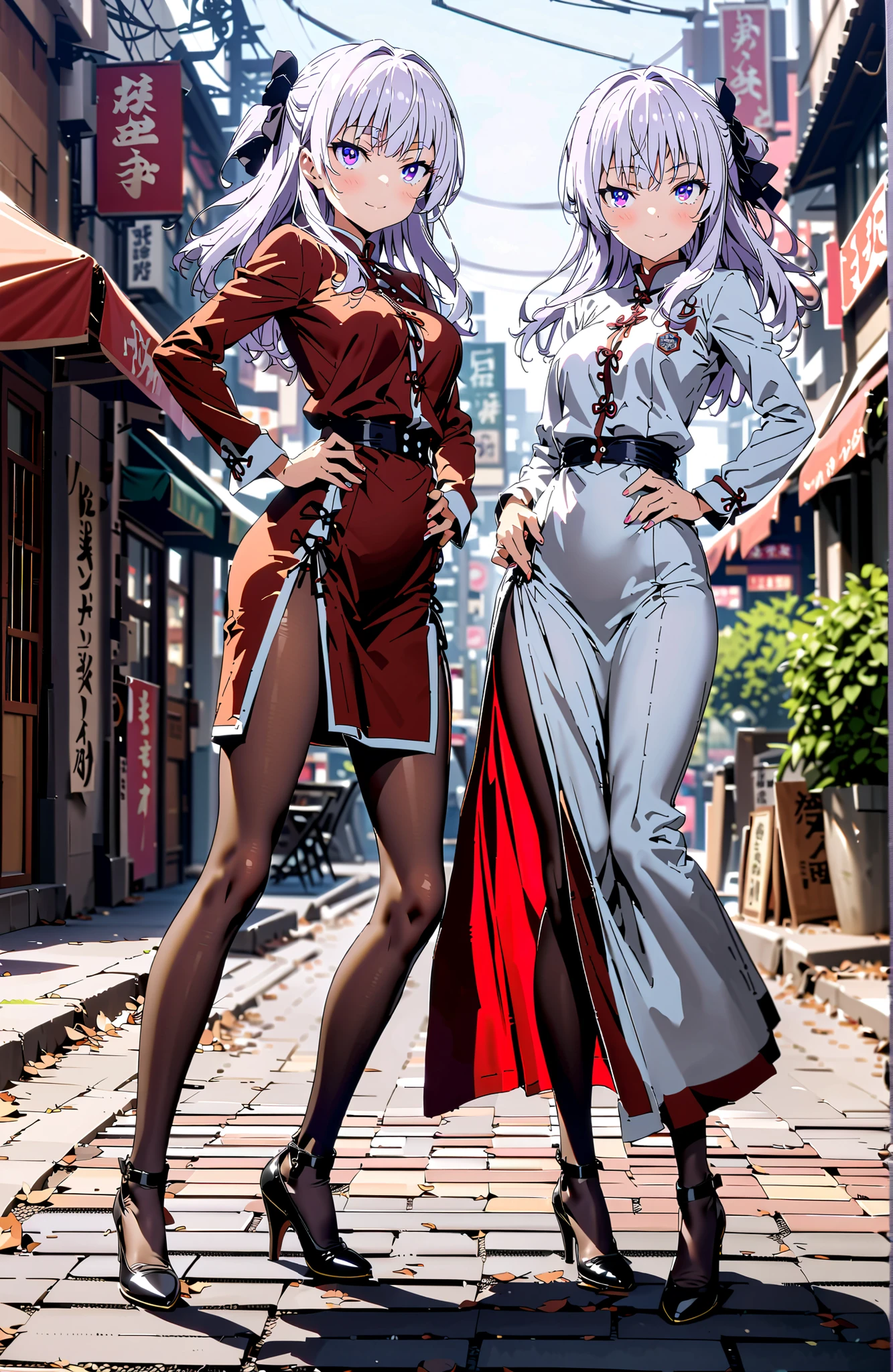 score_9, score_8_up, score_7_up, source_anime,
Alice Sakayanagi ,
Sakayanagi Alice, long hair, bungs, PURPLE EYES, white hair, blunt bungs,White Chinese clothing,long slit,black pantyhose,pin heels,standing,Grab your hips with your right hand,smile,blush,mouth,full bodyがイラストに入るように,in their 40s looking at viewer,full body,
in their 40s outdoors,Chinatown,
in their 40s (masterpiece:1.2), best quality, high resolution, Unity 8Kの壁紙, ( illustration :0.8), (beautiful detailed eyes:1.6), very detailed face, perfect lighting, very detailed CG, (perfect hand in h, perfect anatomy),