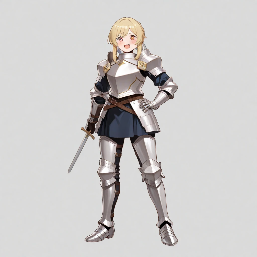 Kaolla , long dress, short pants, big breast, standing smile, german cloths, knight, warior, sword holding, full body, armor, armored, armor with star and love symbol