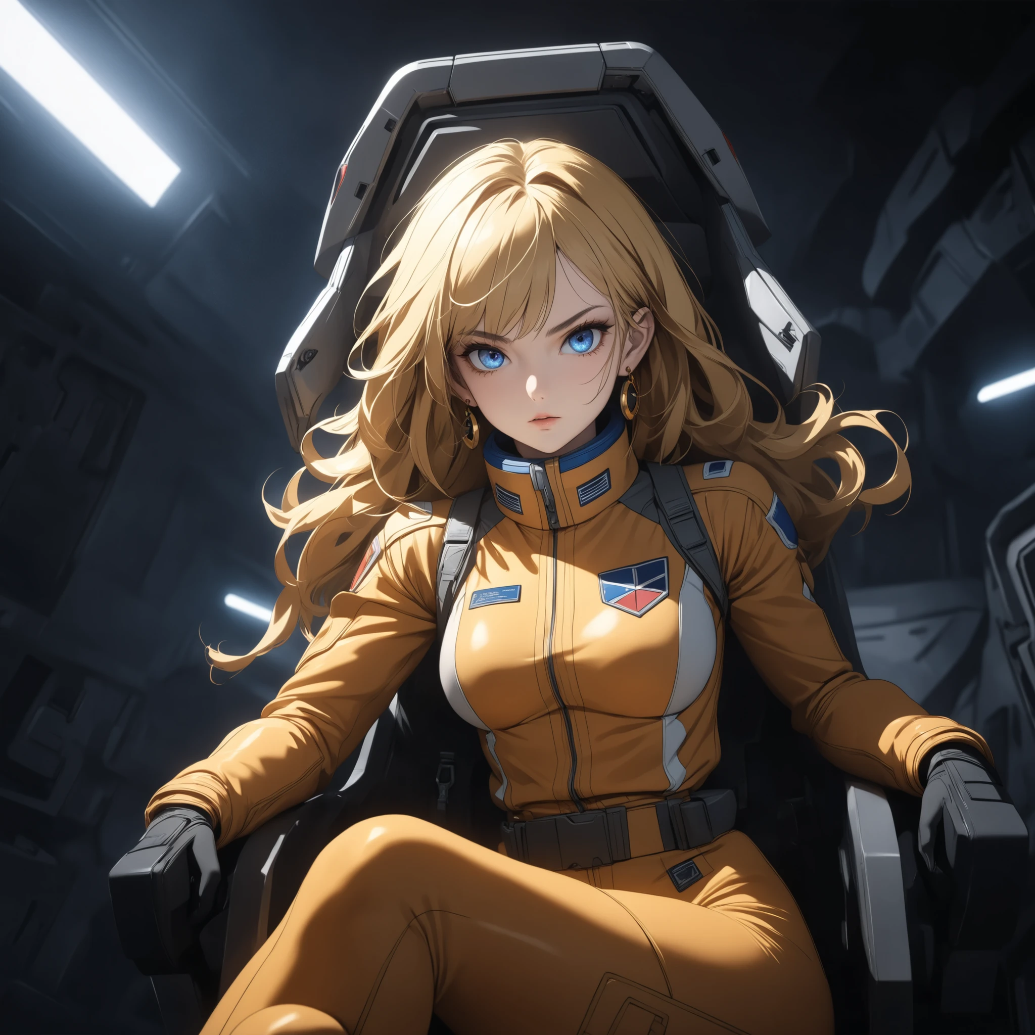 ((extreme quality)), ((Masterpiece)), (( Enrich the picture, Masterpiece level quality)), golden hair , Mid-length Layers hair , medium breasts , blue eyes , fierce woman , extreme eyes details, raw 4k, perfect proportions , extreme hair detailed, extreme cloth detailed, extreme detailed , extreme background detailed, ((great effect to highlight the subject)) , ( cinematic lighting , moody , textile shading) , perfect proportions , extreme detailed , volumetric lighting , soft lighting , glossy skin, glossy hair, beautiful face , extreme face details, Detailed facial features , Long eyelashes, Incredible atmosphere, Fascinating setting, dynamic pose, ear rings , crazy face, eff pilot , light yellow flight suit , gundamwingcockpit sitting , cross legs,