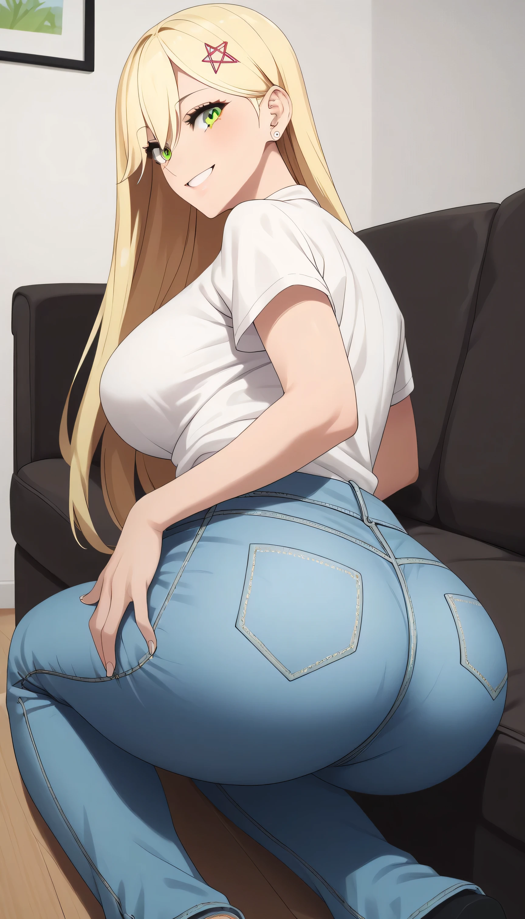 KJOmarin, blonde hair, long hair, hair ornament, green eyes, earrings, ear piercing, shirt, white shirt, short sleeves, pants, denim, jeans, living room, sitting on sofa, sitting on knees, thick legs, smile, looking at viewer, Big breasts, wide hips, sexy ass, Big ass, milf, solo, presure breasts, back view, holding ass, looking back
