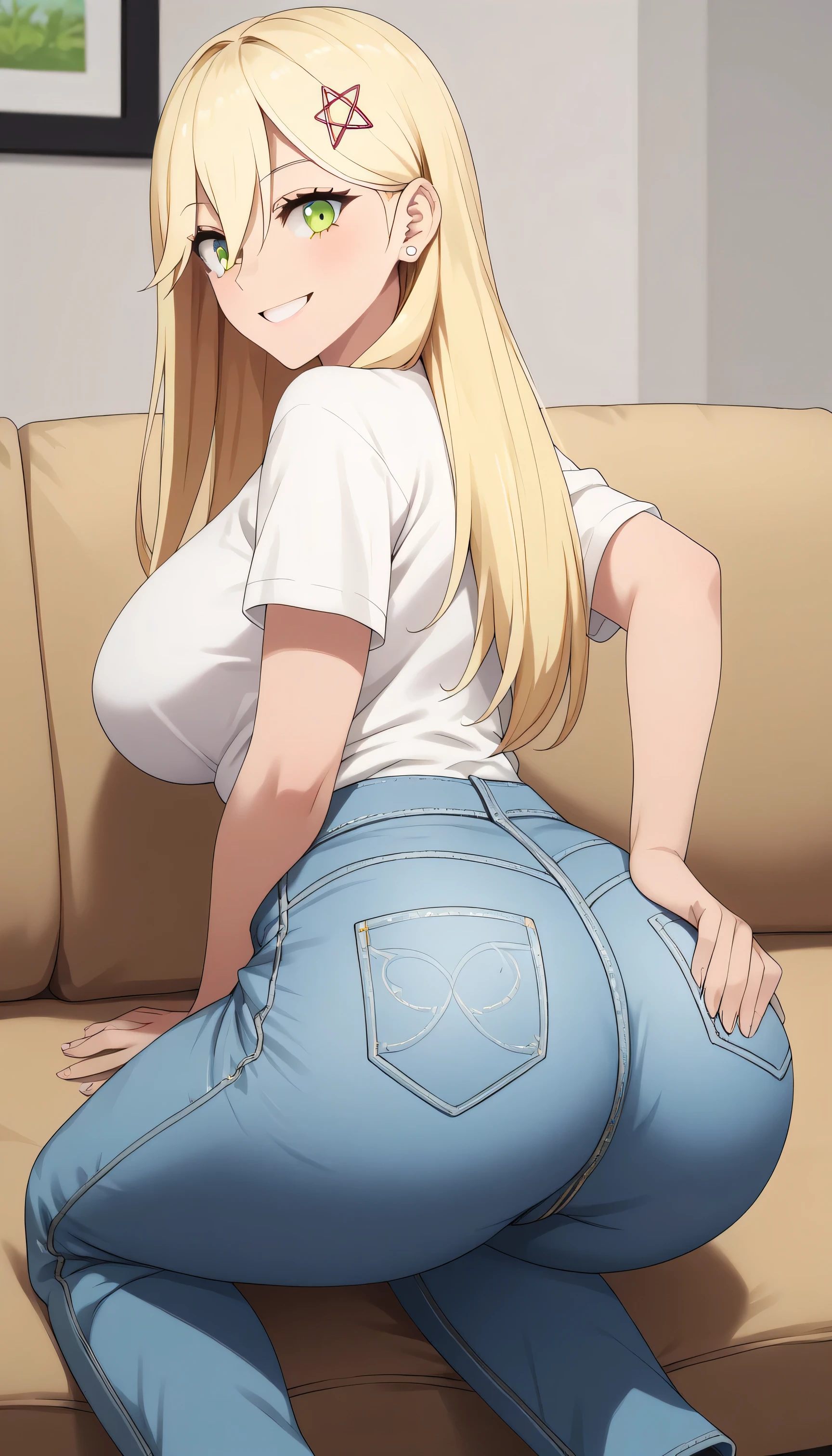 KJOmarin, blonde hair, long hair, hair ornament, green eyes, earrings, ear piercing, shirt, white shirt, short sleeves, pants, denim, jeans, living room, sitting on sofa, sitting on knees, thick legs, smile, looking at viewer, Big breasts, wide hips, sexy ass, Big ass, milf, solo, presure breasts, back view, holding ass, looking back